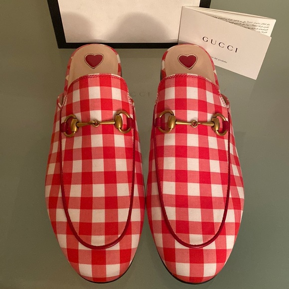 NIB GUCCI Red Gingham Princetown MULES Slides/Loafer Flats sz 7-7.5 US/38 ITALY - Picture 2 of 13